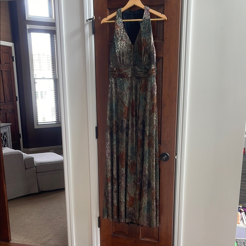 R & M Richards Green and Brown Halter Maxi Gown